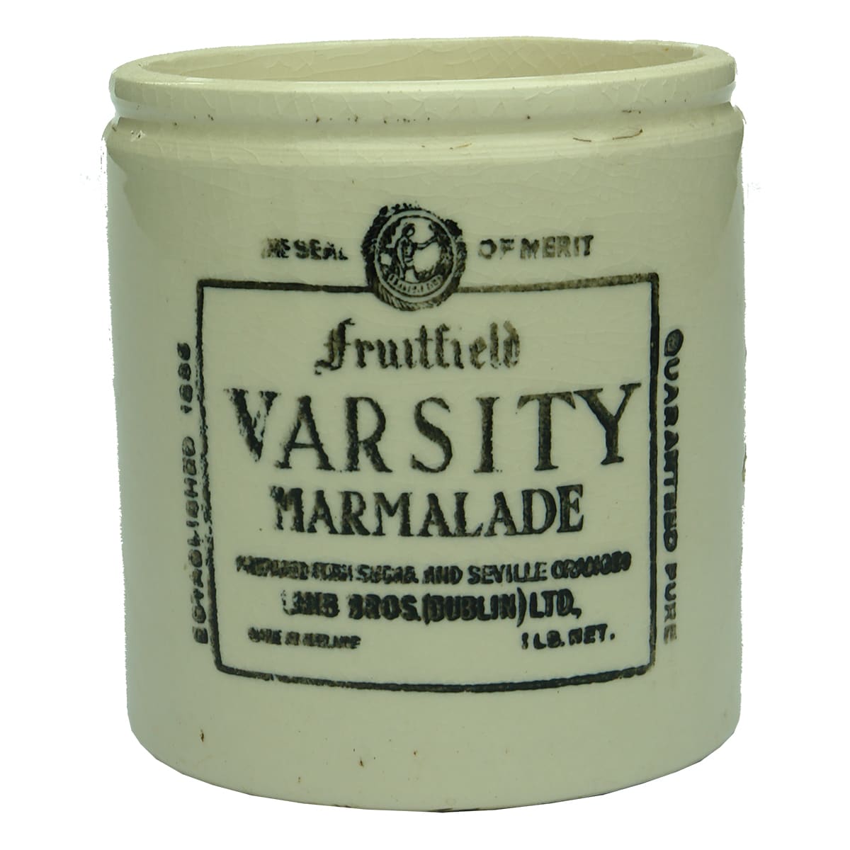 Jar. Fruitfield Varsity Marmalade, Lamb Bros., Dublin.