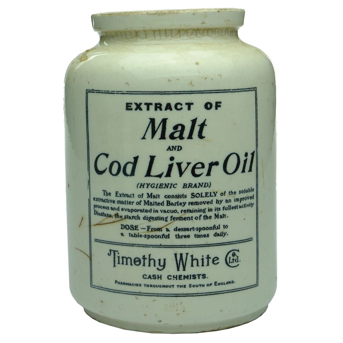 Jar. Timothy White Malt and Cod Liver Oil.