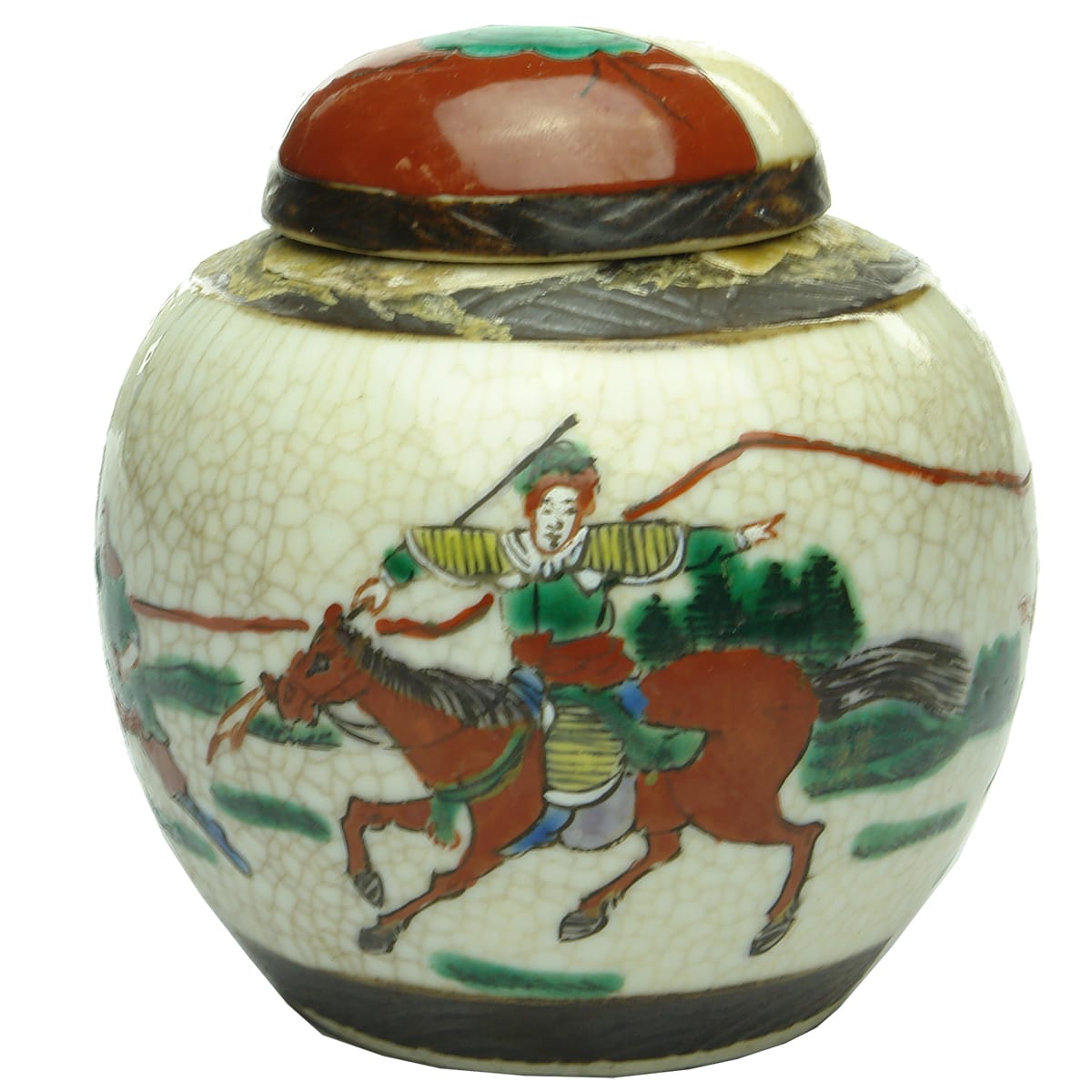 Ginger Jar. Multi-coloured with fighting scene. Original lid.