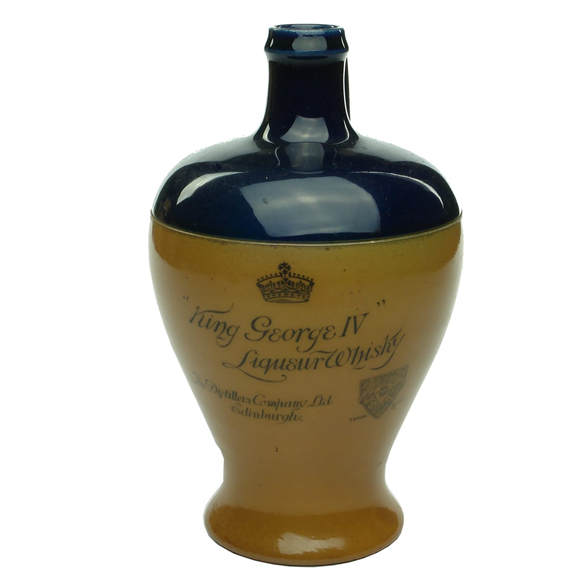 Whisky Jug. King George IV Liqueur Whisky. The Distillers Company Ltd, Edinburgh. Royal Doulton. Blue top.