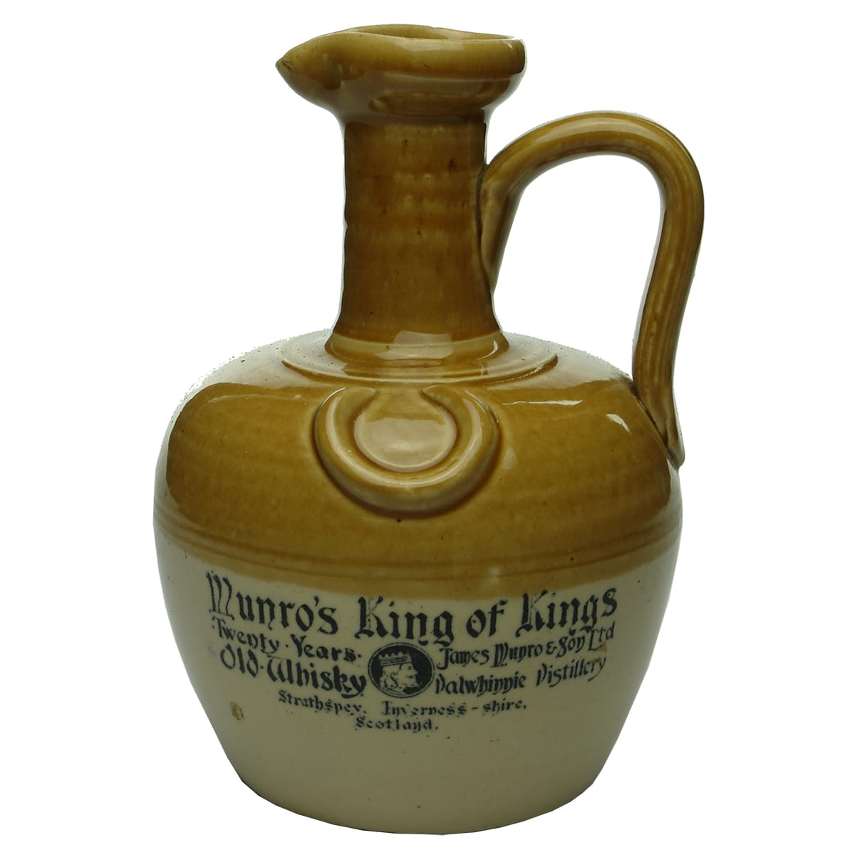 Whisky Jug. Munro's King of Kings. Handled. Tan Top.