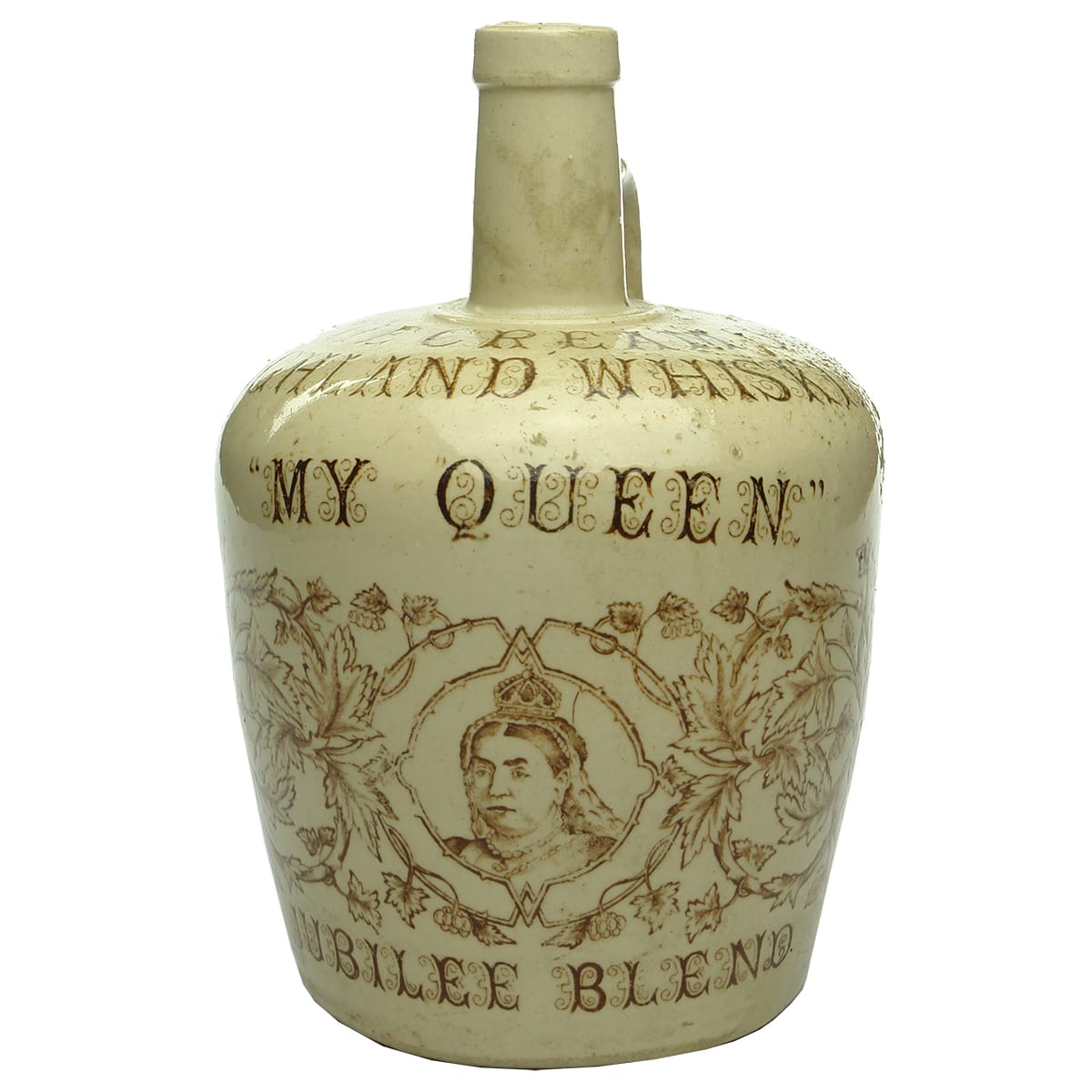 Whisky Jug. My Queen. Jubilee Blend. Thom & Cameron Limited, Glasgow. All White with Sepia Print.