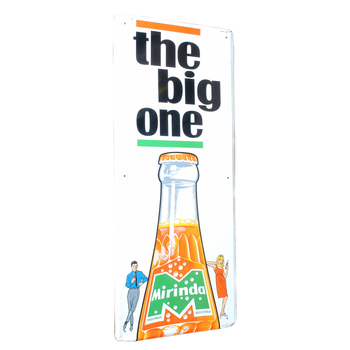 Painted Advertising Metal sign. Mirinda. The Big One. 913 x 380 mm