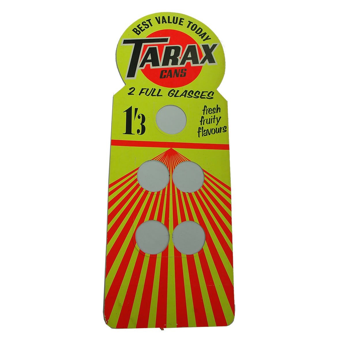 Heavy cardboard promotional sign. Tarax Cans.