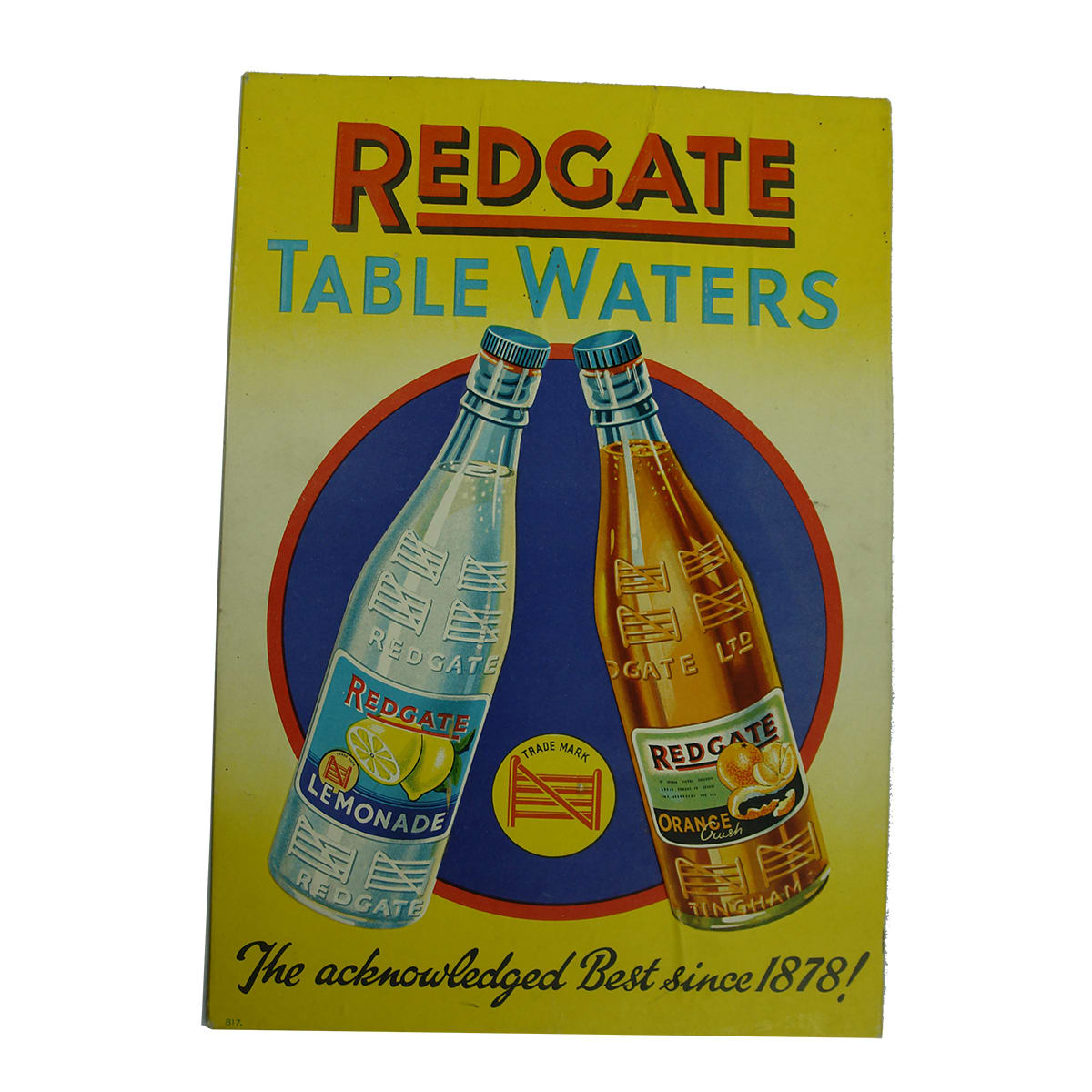 Heavy cardboard sign for Redgate Table Waters. Bottles pictorial.