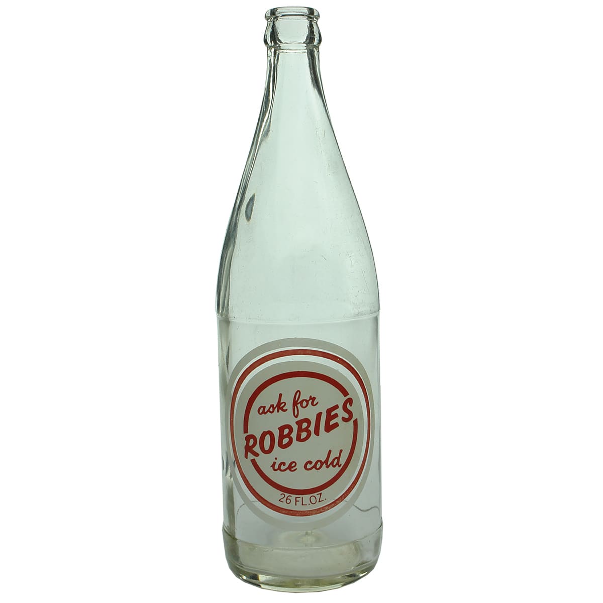 Crown Seal. Robbies, Manjimup & Bridgetown. Clear. Red and white print. 26 oz. (Western Australia)