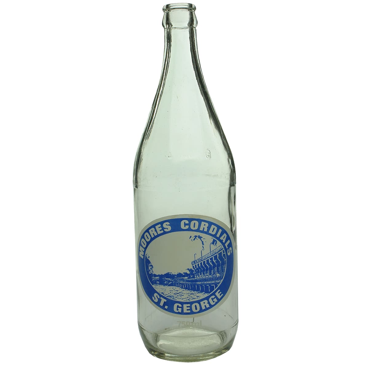 Crown Seal. Moores Cordials, St. George. Blue and white print. 750 ml. (Queensland)