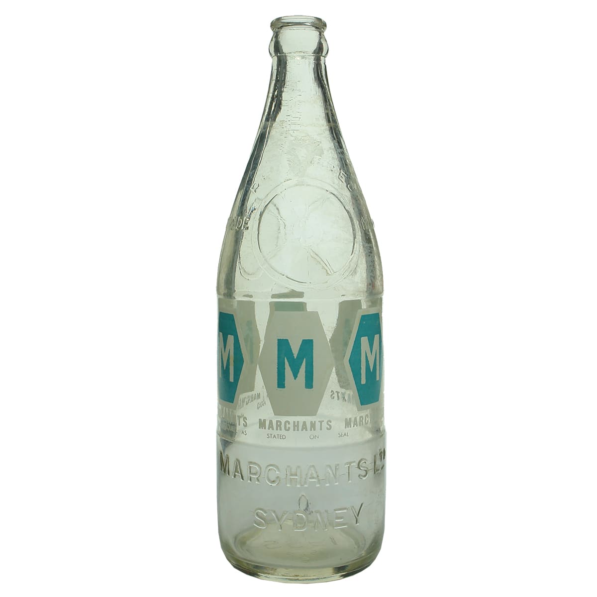 Ceramic Label Crown Seal. Marchants, Sydney. Aqua & White Hexagons. Embossed Shoulder and near base. Clear. 24 oz. (New South Wales)