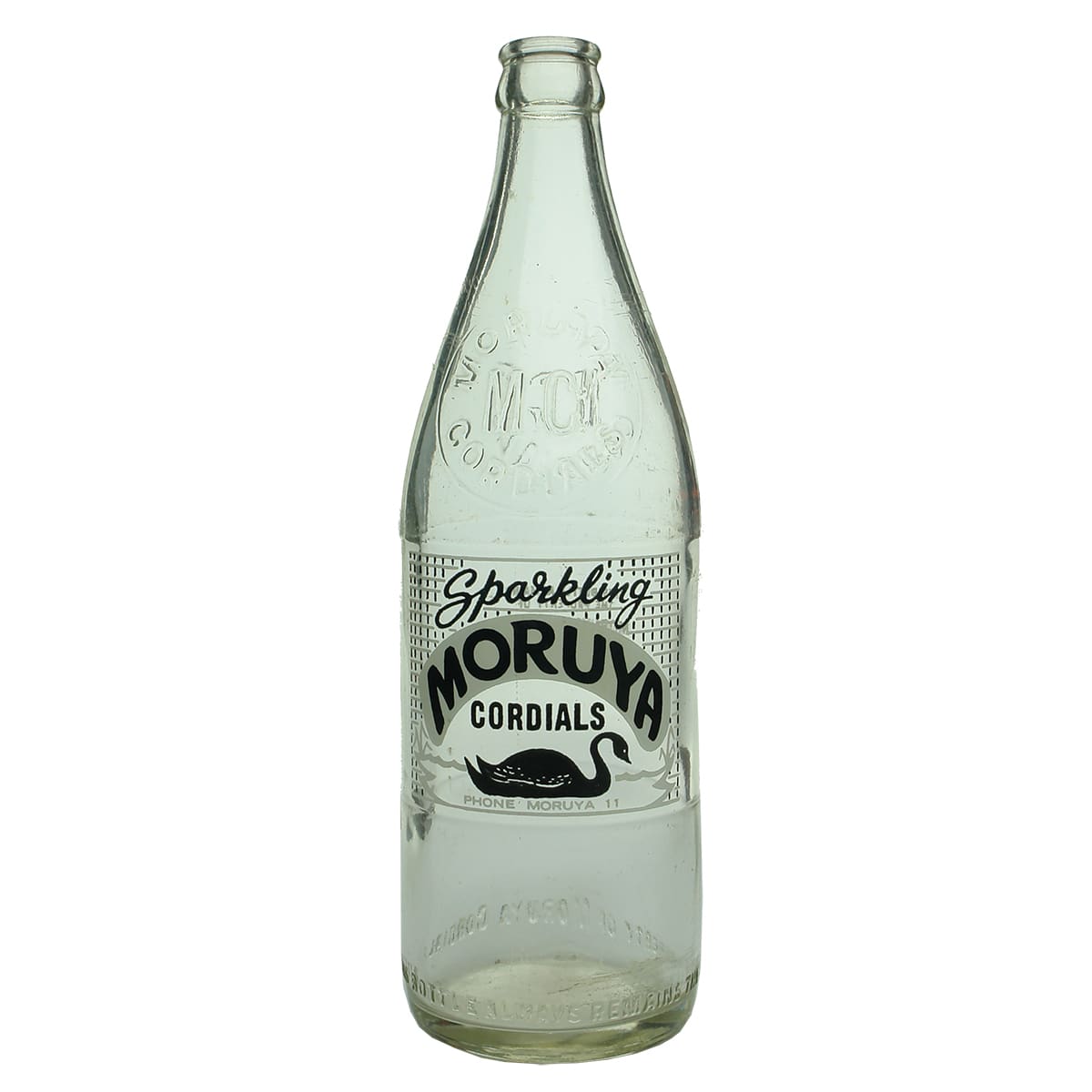 Ceramic Label Crown Seal. Moruya Cordials. Embossed bottle and black Sparkling. Clear. 24 oz. (New South Wales)