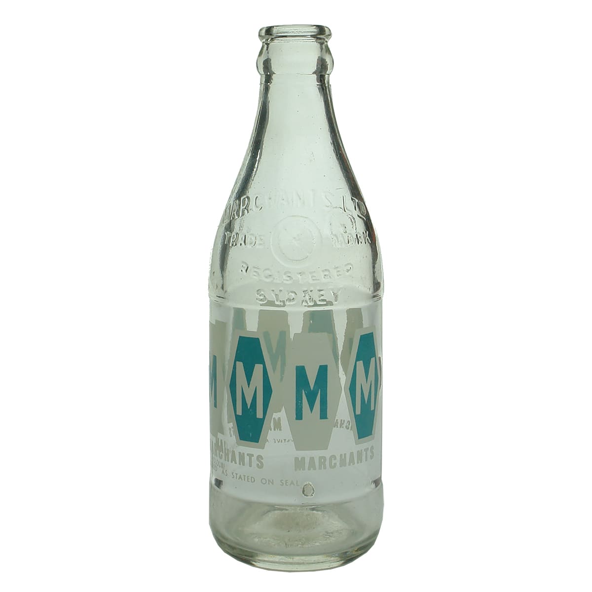 Ceramic Label Crown Seal. Marchants, Sydney. Aqua & White Hexagons. Embossed Shoulder. Clear. 10 oz. (New South Wales)