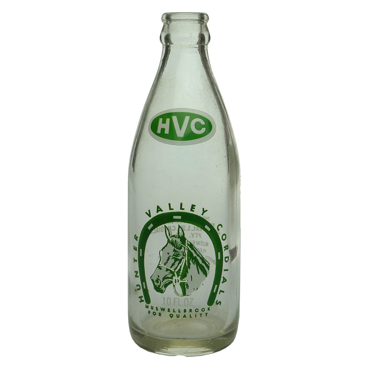 Crown Seal. Hunter Valley Cordials.  Ceramic Label.  Green and white print. 10 oz. (New South Wales)