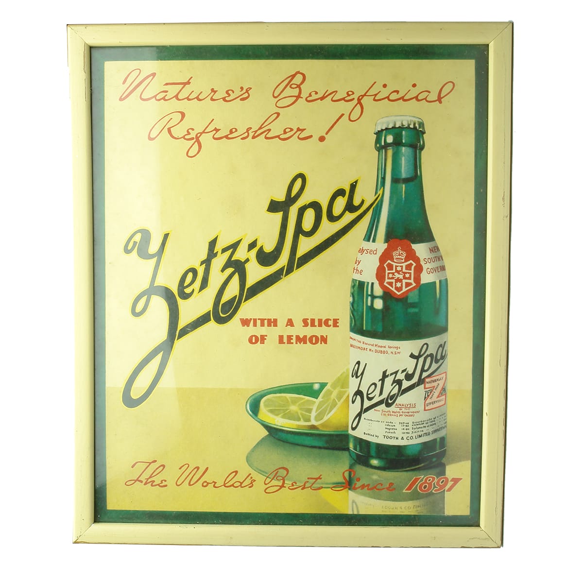 Advertising Sign. Zetz Spa. Tooth & Co Limited. Green crown seal bottle pictorial. Cardboard. Multi-coloured. (Sydney, New South Wales)