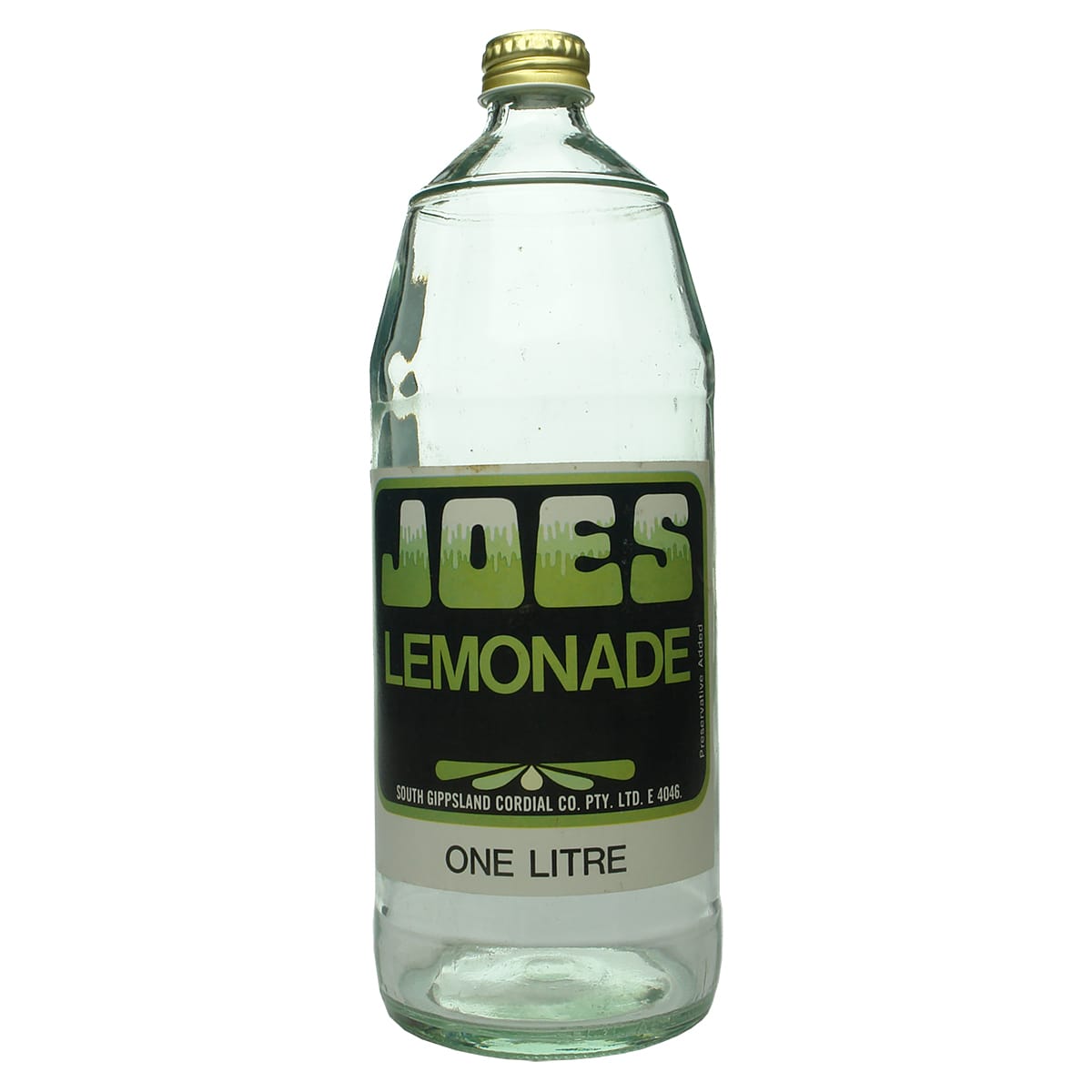 Screw top. Joes Lemonade, South Gippsland Cordial Co. Pty. Ltd. Clear. 1 Litre. (Victoria)