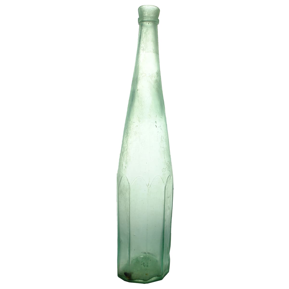 Goldfields. 10 panelled salad oil. British Registration Diamond to base. Flared out top. Aqua. 26 oz.