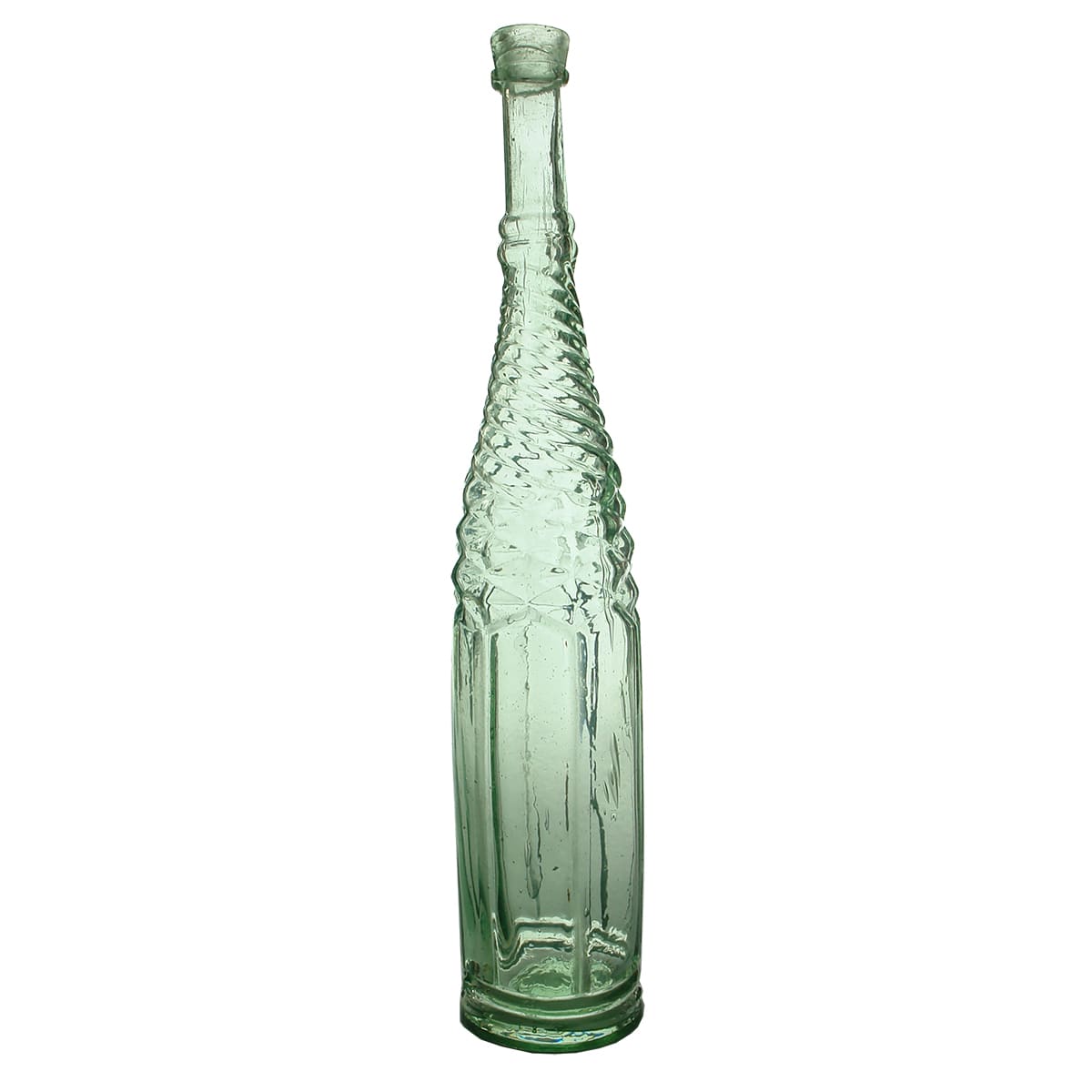 Goldfields Salad Oil. Half Whirly pattern. Flared out top. Aqua. 26 oz.