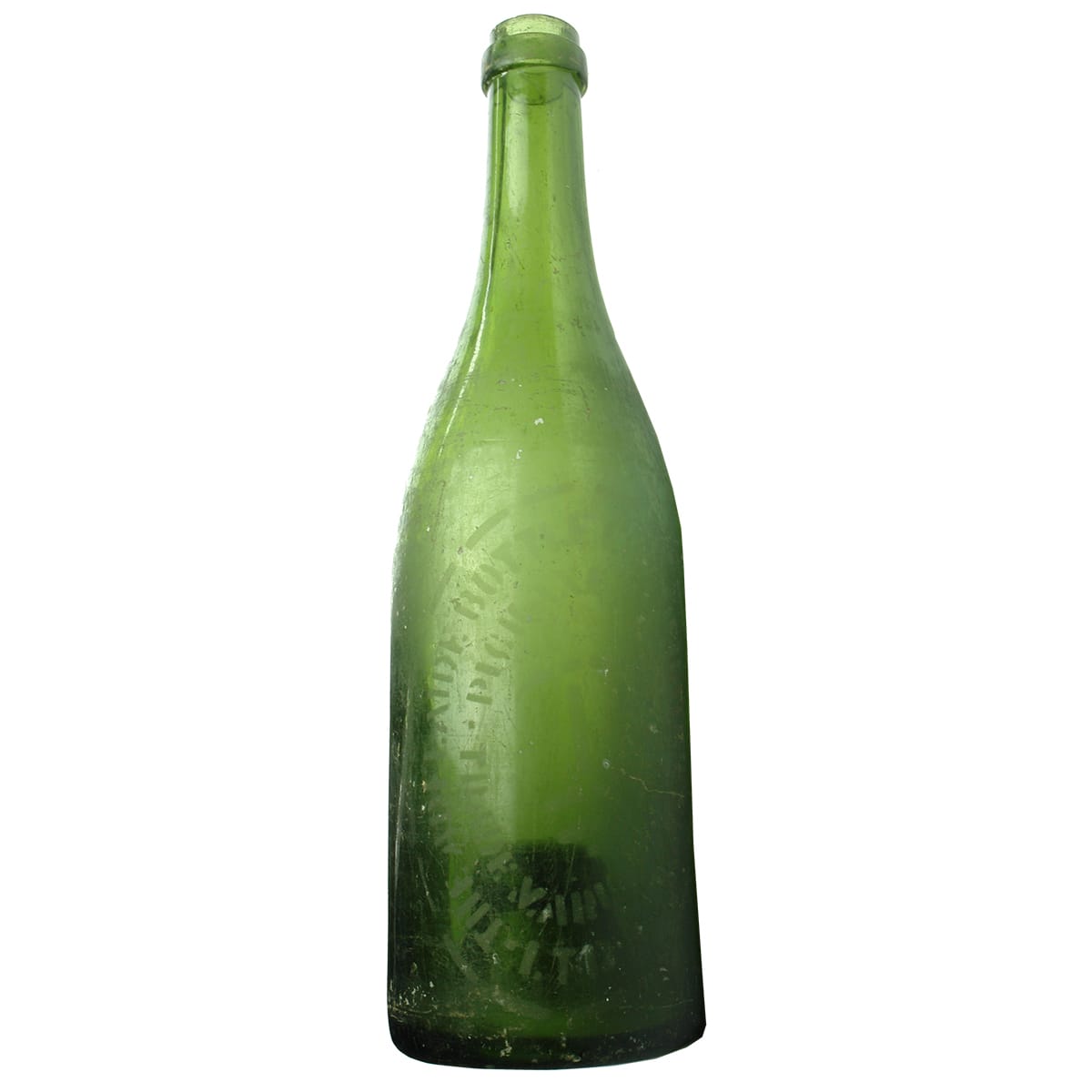 Beer. Pickaxe. The Adelaide Bottle Co-operative Society Ltd. Ring Seal. Green. Sand blasted. Oval badge. 26 oz. (South Australia)