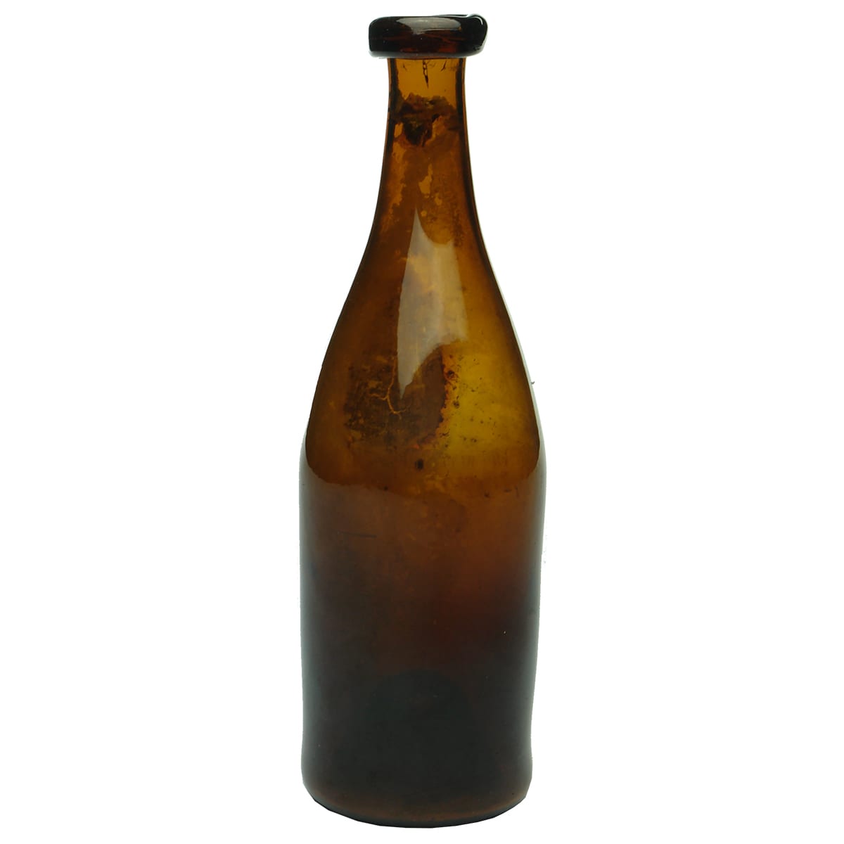 Early Amber Glass Bottle. Pontil scar to base.