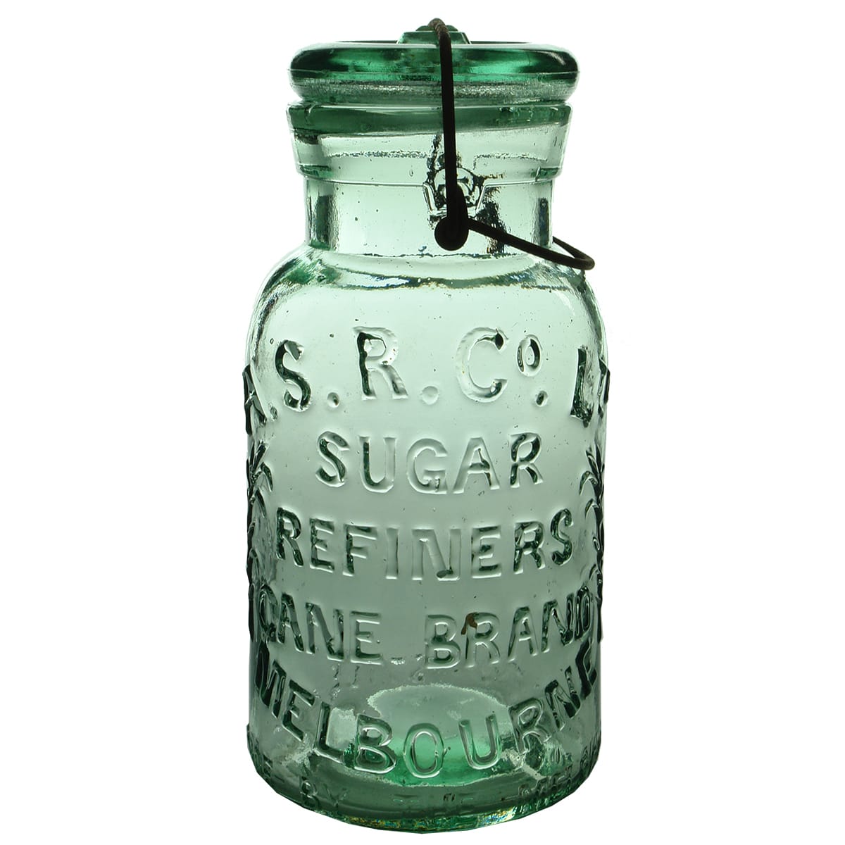 Jar. A. S. R. Co. Ltd, Cane Brand, Melbourne. Wire and bail. Aqua. Quart. (Victoria)