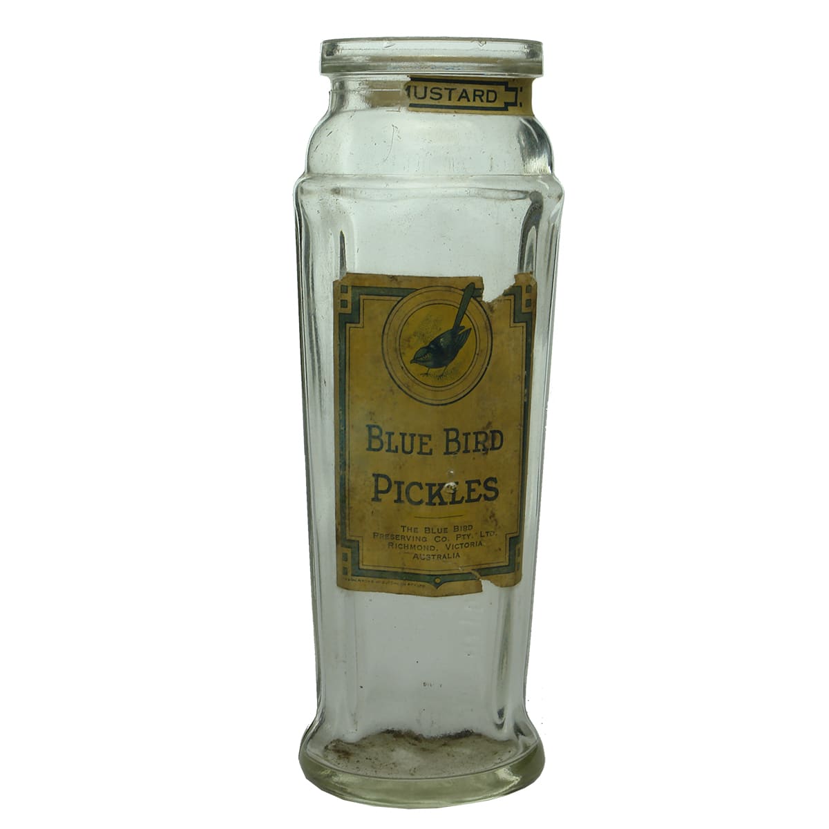 Pickle Jar. Rosella but with early Blue Bird Preserving Co. labels. Clear. 15 oz. (Victoria)