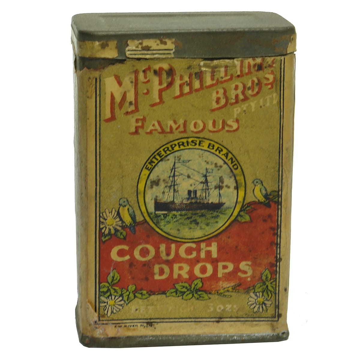 Tin with Paper Label. McPhillimy Bros Pty Ltd, Geelong West. Famous Enterprise Brand Cough Drops. (Victoria)