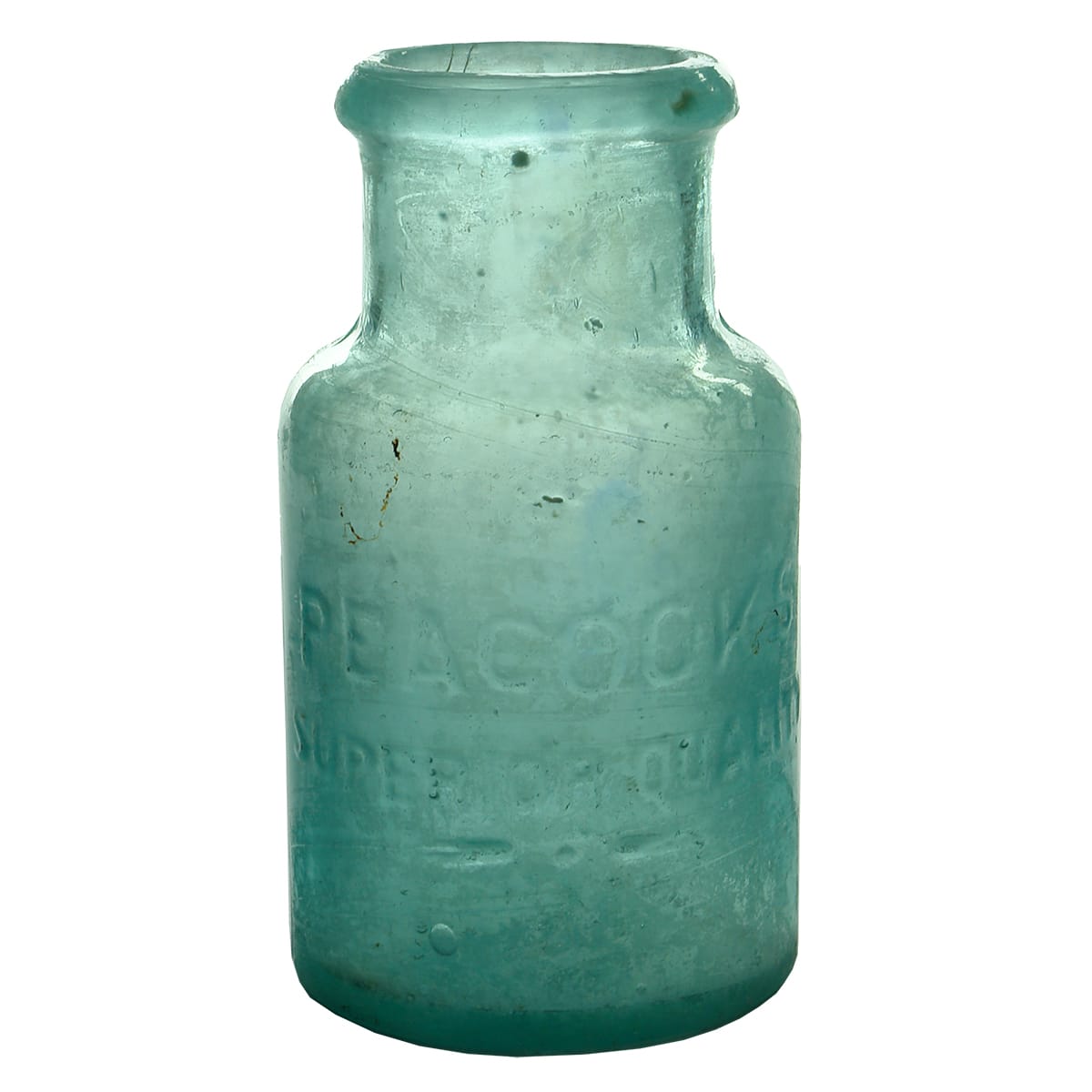 Jam Jar. Peacock's Superior Quality. Blue Aqua. Small size. 1 Pound. (New South Wales)