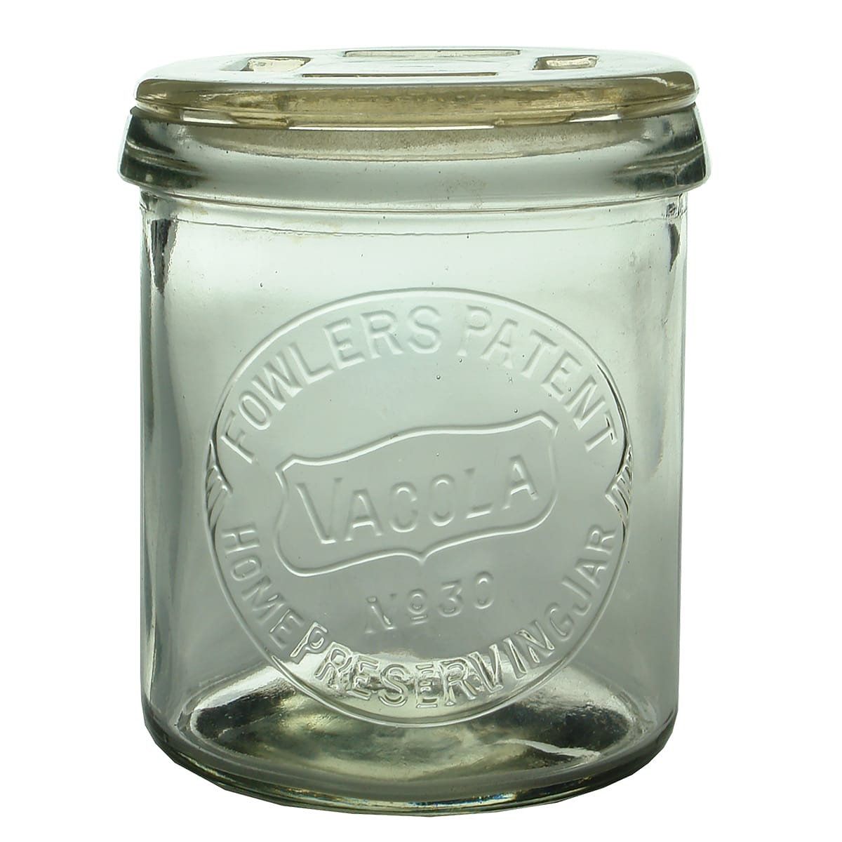 Fruit Jar. Fowlers Patent Vacola 30. With lid. Clear.