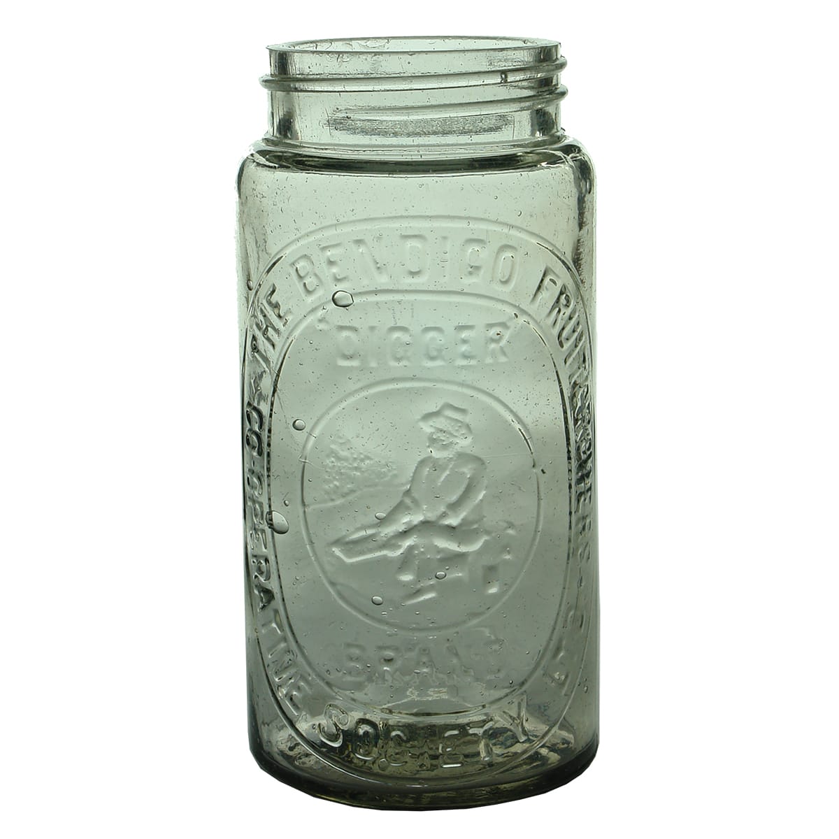 Jar. Bendigo Fruitgrowers, Digger Brand. Clear. 30 oz. (Victoria)