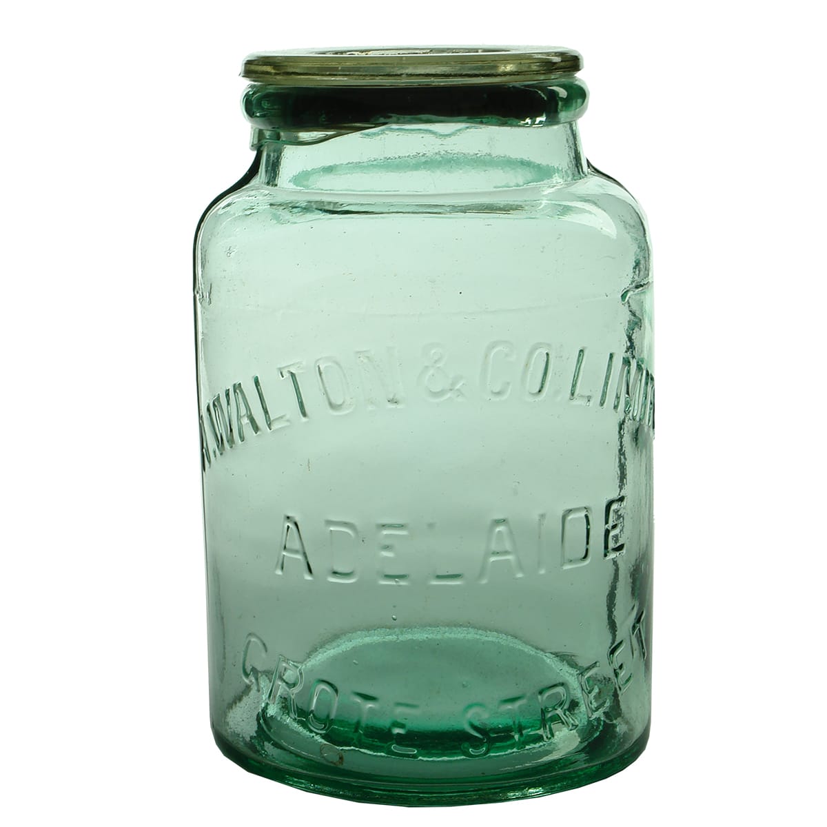 Lolly Jar. Walton & Co Ltd., Grote Street, Adelaide. Aqua. Half Gallon. (South Australia)