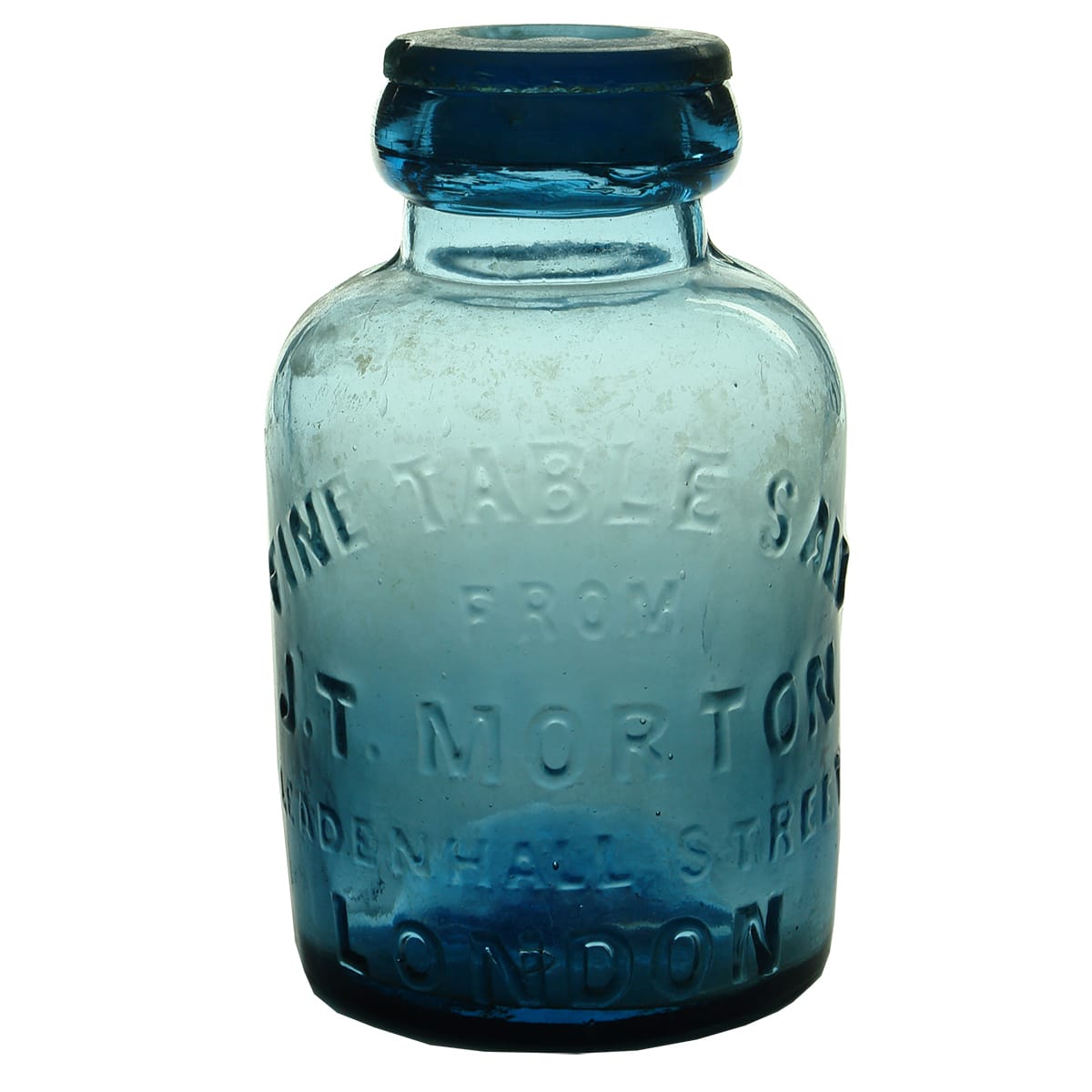 Salt Jar. J. T. Morton, London. Pale Blue. 2 Pound.