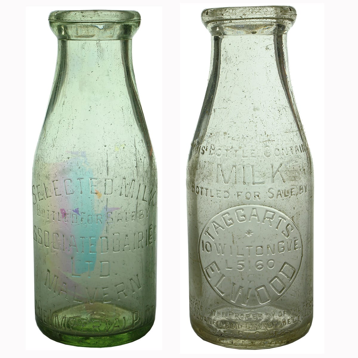 Two Victorian Milks. Associated Dairies, Malvern. base number 32 & Taggarts, Elwood. Base number 293. Lime Aqua & Clear. Pint. (Victoria)