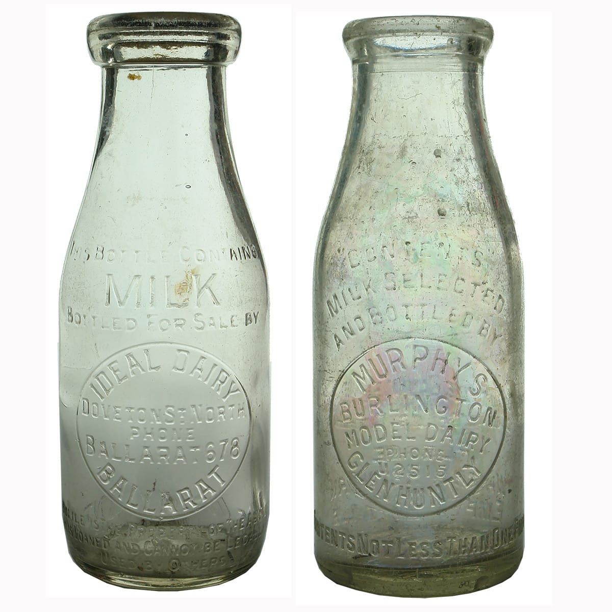 Pair of Milks: Ideal Dairy, Ballarat & Murphy's Burlington Model Dairy, Glenhuntly. (Victoria)