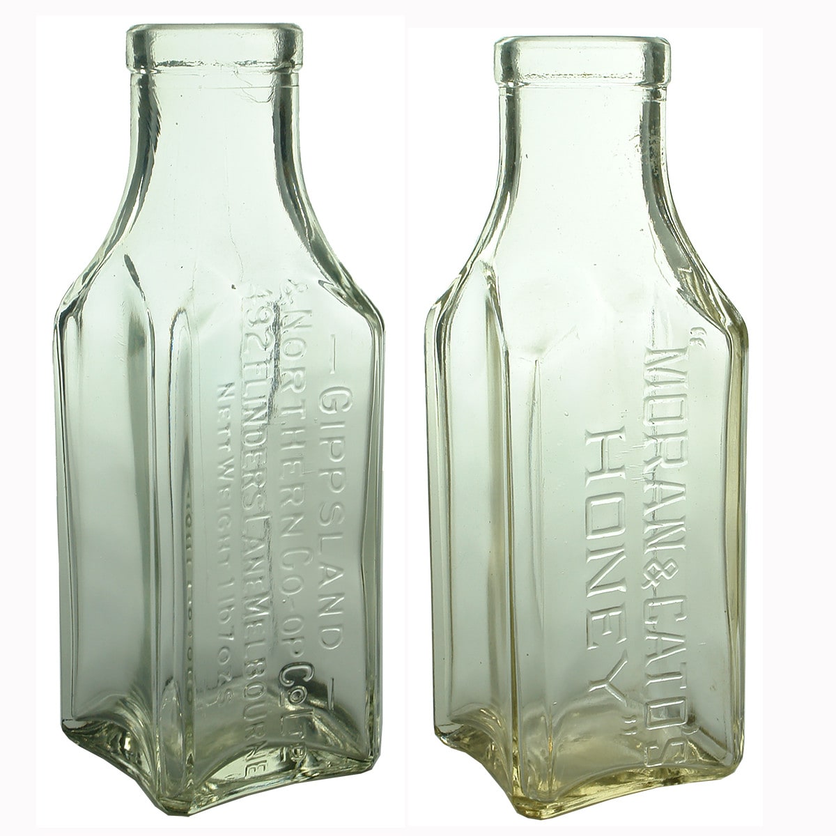 Pair of Honey Jars. Gippsland & Northern Co-Op Ltd, Melbourne & Moran & Cato. (Victoria)