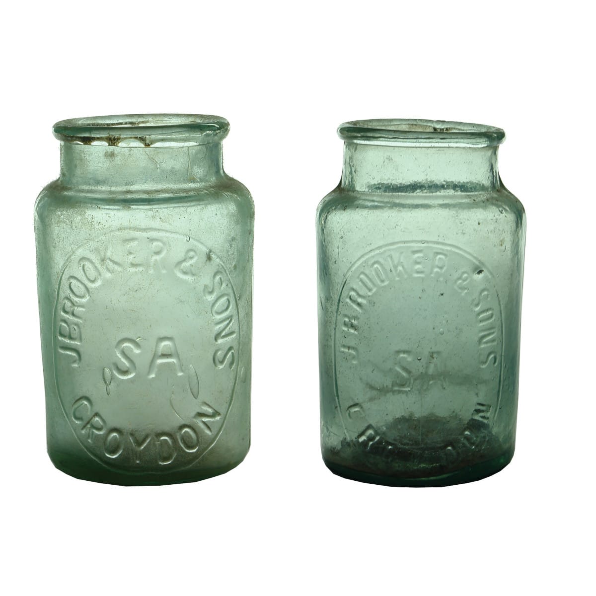 Pair of J. Brooker & Sons, Croydon Jam Jars. 1/2 Pint. Larger & Smaller prints. (South Australia)