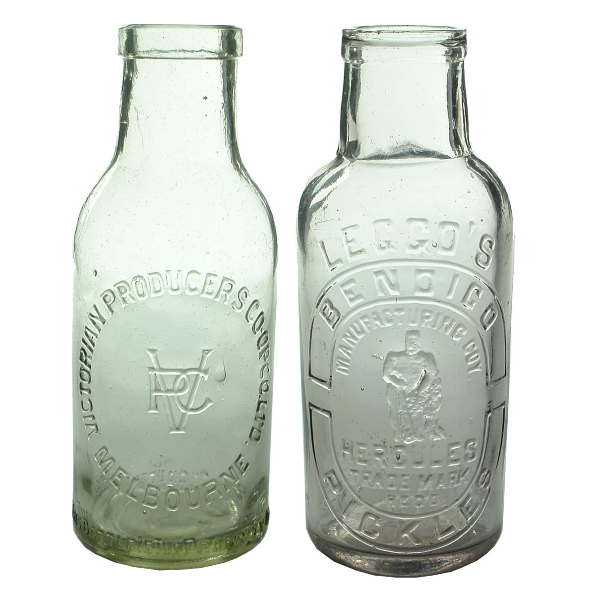 Pair of Pickles. Victorian Producers Co-Op Co. Ltd., Melbourne & Leggo's Hercules, Bendigo. Clear & Amethyst. 1 Pint. (Victoria)