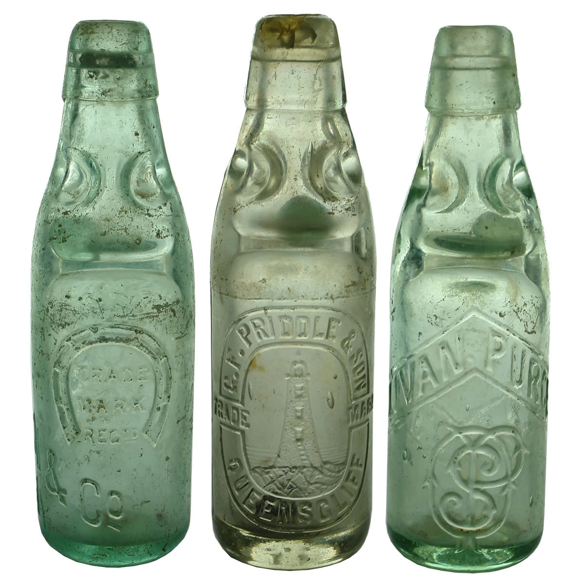 Three 6 oz Codds. Jacobson, Footscray; Priddle & Son, Queenscliff; O'Sullivan, Purcell, Melbourne. (Victoria)