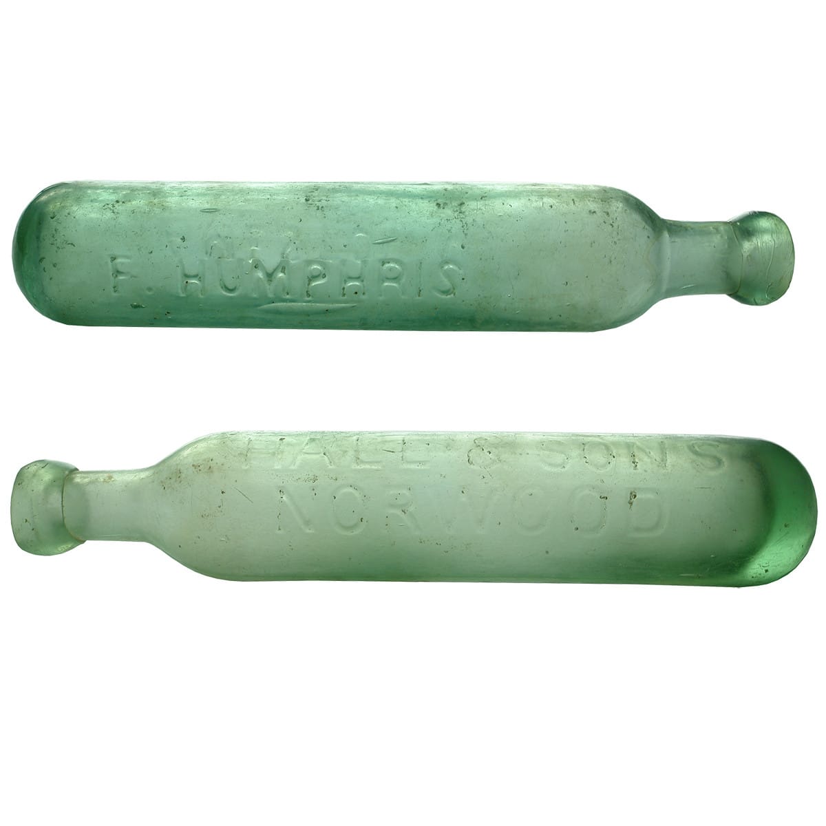 Pair of Maughams. F. Humphris, Jamestown & Hall & Sons, Norwood. Aqua. 10 oz. (South Australia)