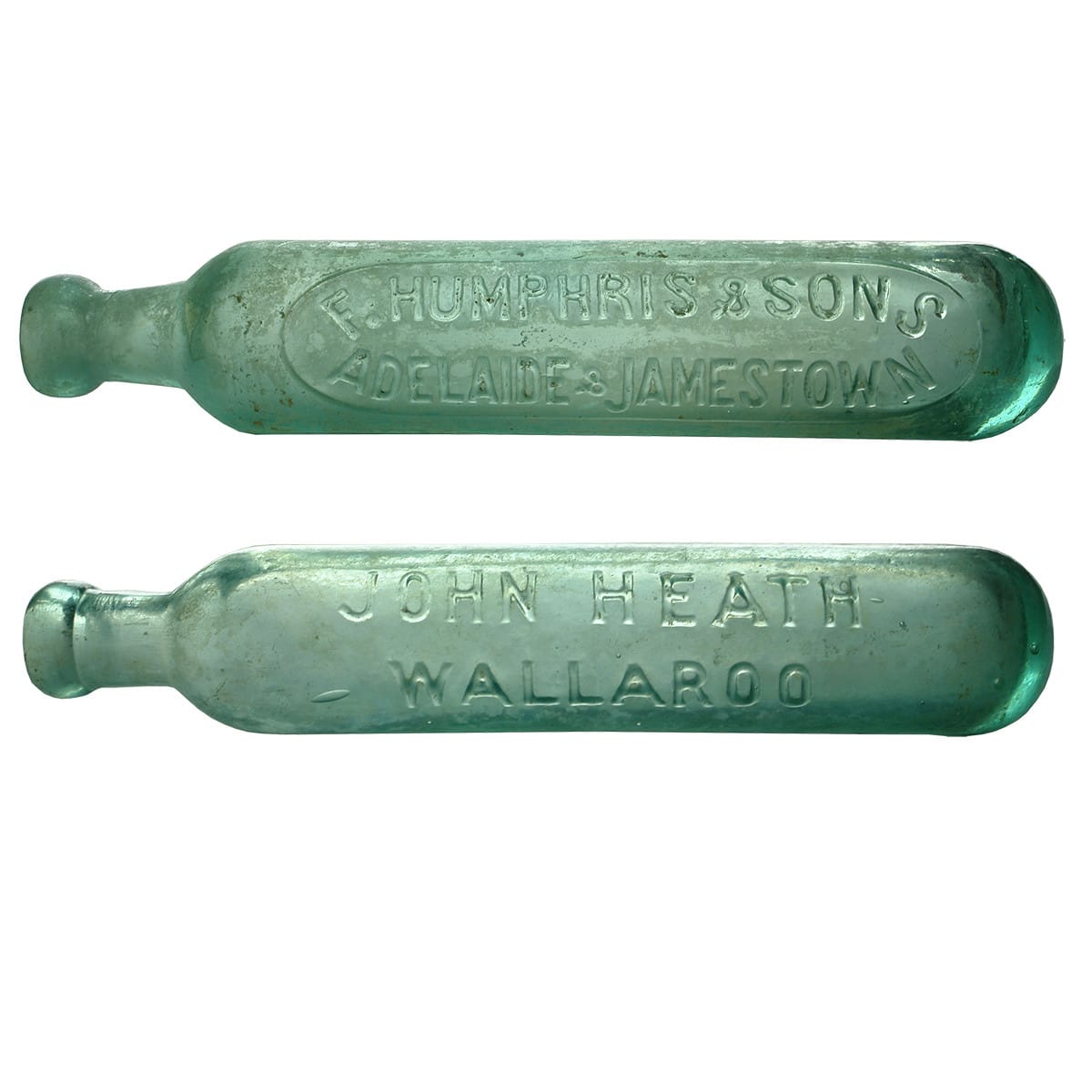 Pair of Maughams. F. Humphris, Adelaide & Jamestown & John Heath, Wallaroo. Aqua. 10 oz. (South Australia)