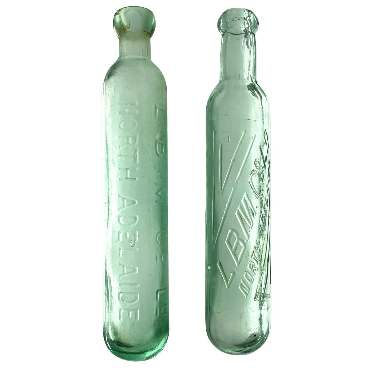 Pair of Lion Brewing & Malting Co., Maughams. L. B. M Co Ld, North Adelaide & second one in geometric design. Aqua. 10 oz. (South Australia)