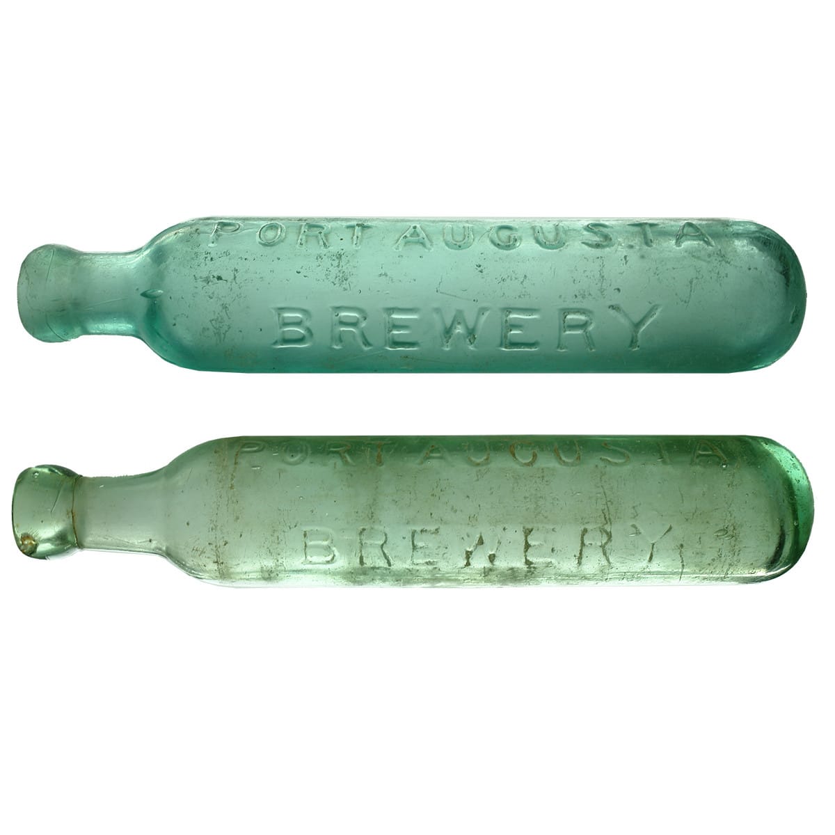 Pair of Port Augusta Brewery Maughams. OO, FBH base mark and just OO base mark. Aqua. 10 oz. (South Australia)