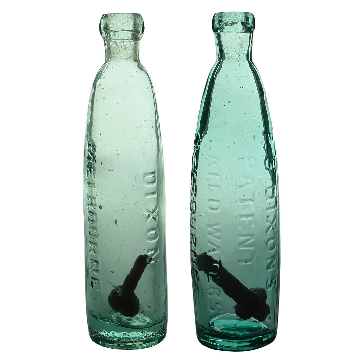 Pair of different Dixon, Melbourne Stick Bottles. Dixon, Melbourne & Dixon, Patent Aerated Waters. Aqua. 10 oz. (Victoria)