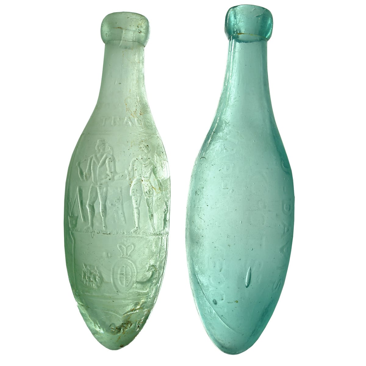 Pair of Torpedos: Rowlands, Ballarat, Melbourne & Sydney and John Fletcher, late Davis, Warrnambool. Aqua. 10 oz. (Victoria & New South Wales)