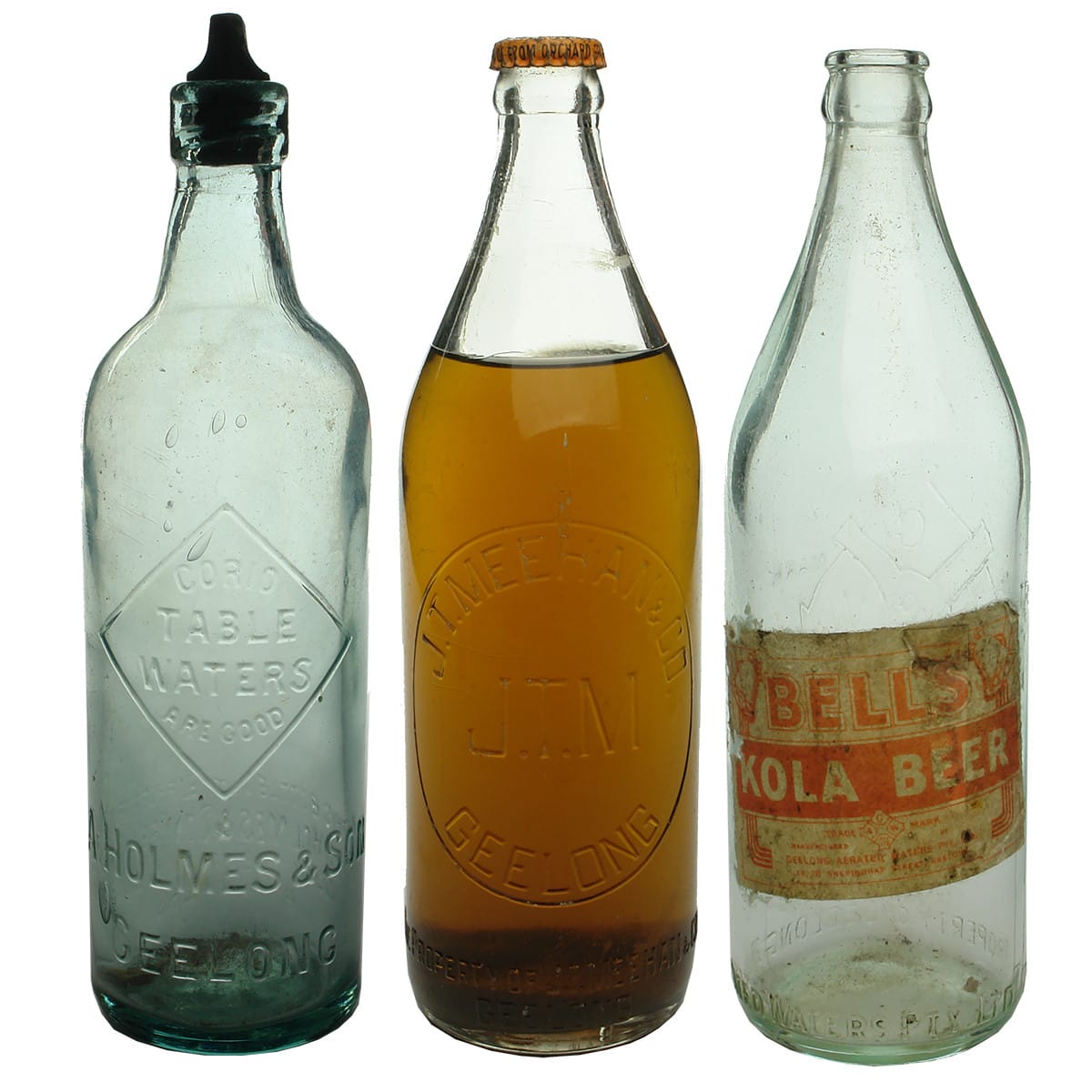 Three Geelong Aerated Waters Bottles: Holmes Internal Thread; Meehan Crown Seal. Bell's Crown Seal. (Victoria)