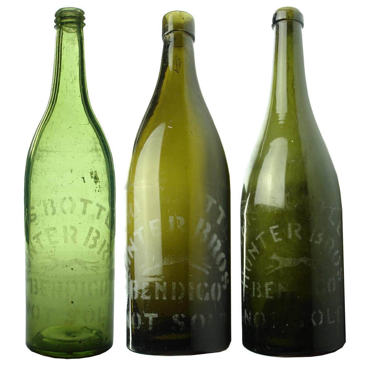 Three different Hunter Bros, Bendigo Sand Blasted Beers. Screw Top! and Cork Tops. Green. 26 oz. (Victoria)