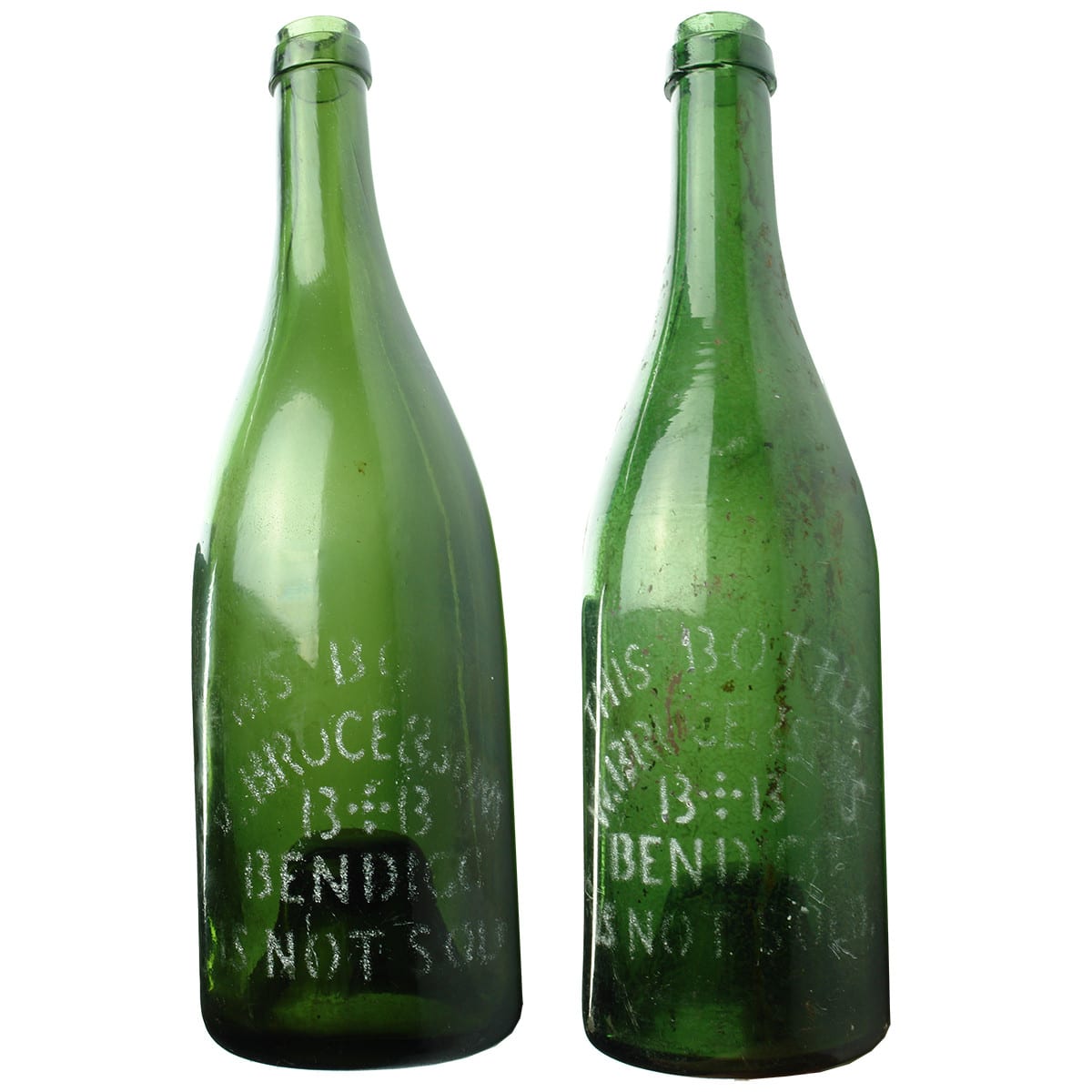 Pair of W. Bruce & Sons, Bendigo. Sand blasted beers. Ring Seal. Green. 26 oz. (Victoria)