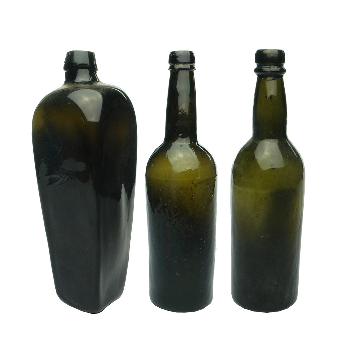 Black Glass. Three bottles: Free blow gin; Willm Walker & Sons, Aberdeen; S & Co.