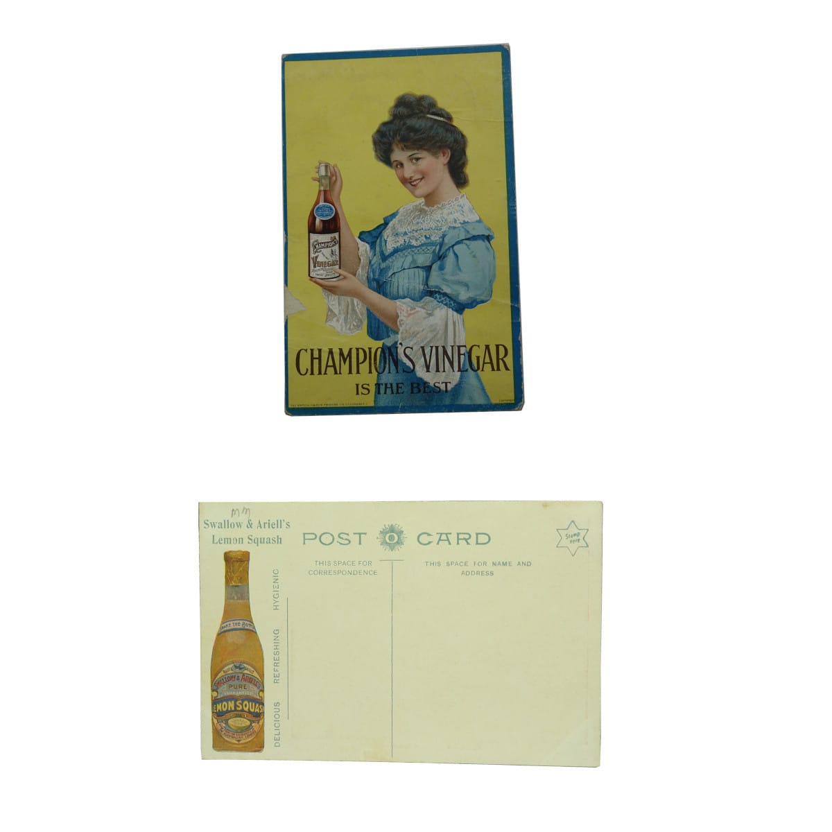 Pair of Advertising Post Cards: Champion's Vinegar and Swallow & Ariell's Lemon Squash.