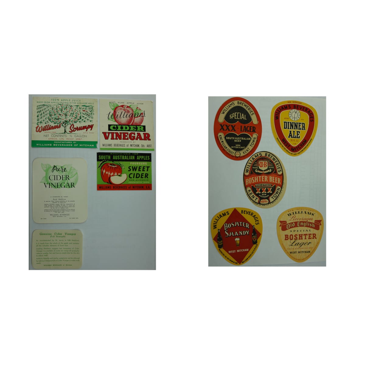 10 labels for Williams Beverages, West Mitcham and Williams Breweries, Kent Town. (South Australia)