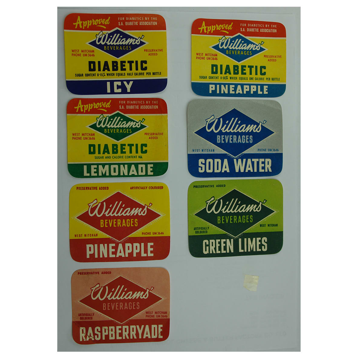 7 labels for Williams' Beverages, West Mitcham. (South Australia)