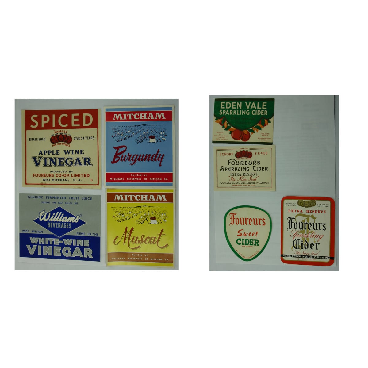 8 labels from Mitcham, S.A.  3 x Williams Beverages and 5 x Foureurs. (South Australia)