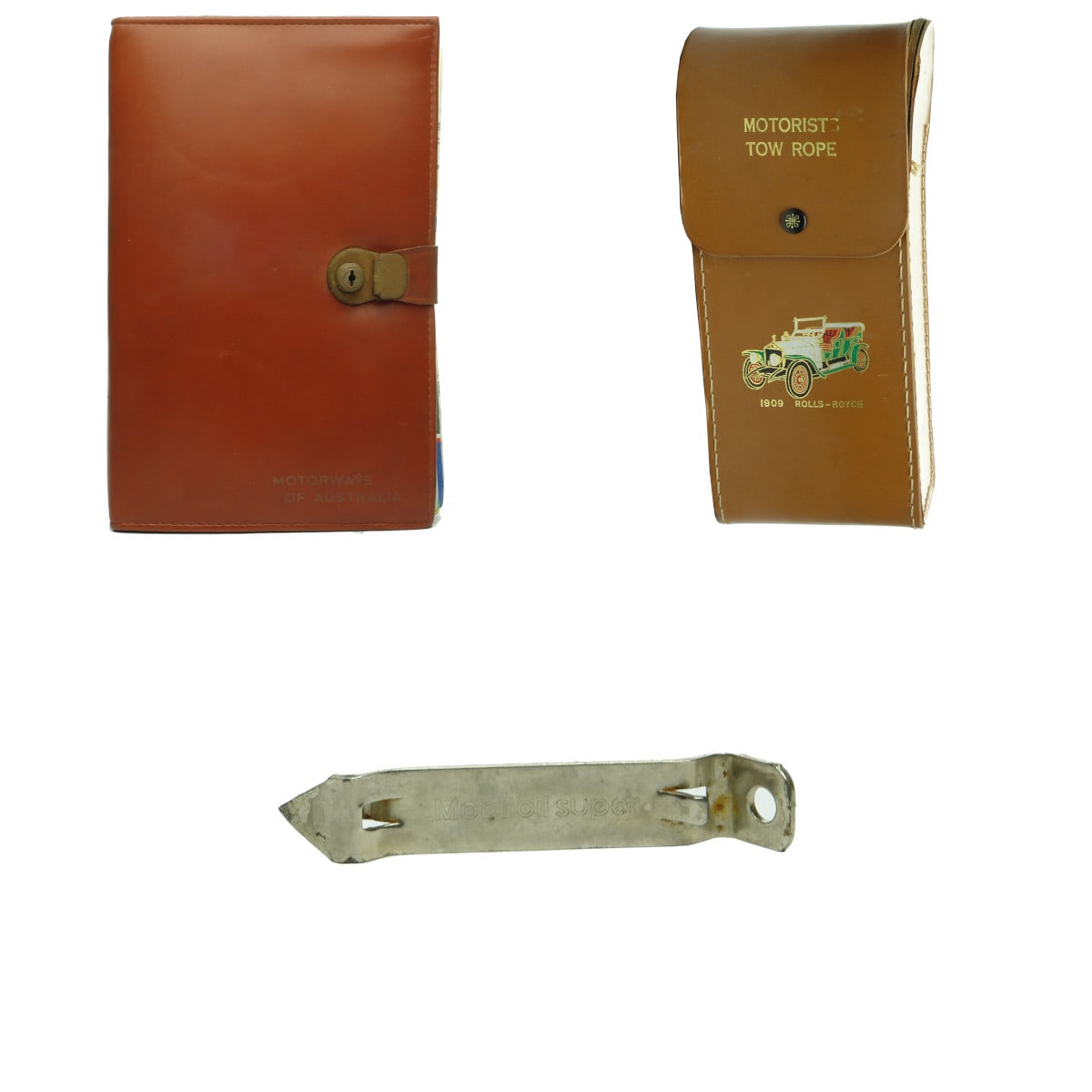 Three Motoring Items: Leather folder with maps. Leather case with a tow rope and a Mobiloil branded bottle/can opener.